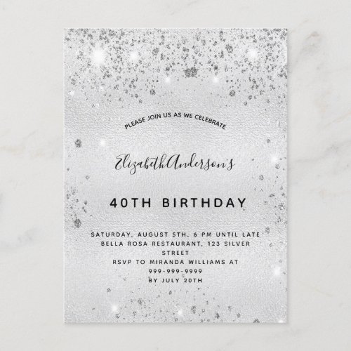 Birthday silver glitter dust metal elegant invitation postcard