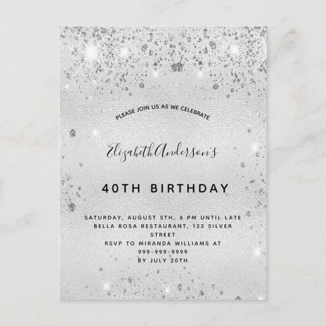 Birthday silver glitter dust metal elegant invitation postcard (Front)