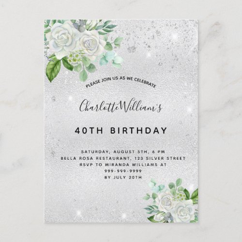 Birthday silver glitter dust metal floral greenery invitation postcard