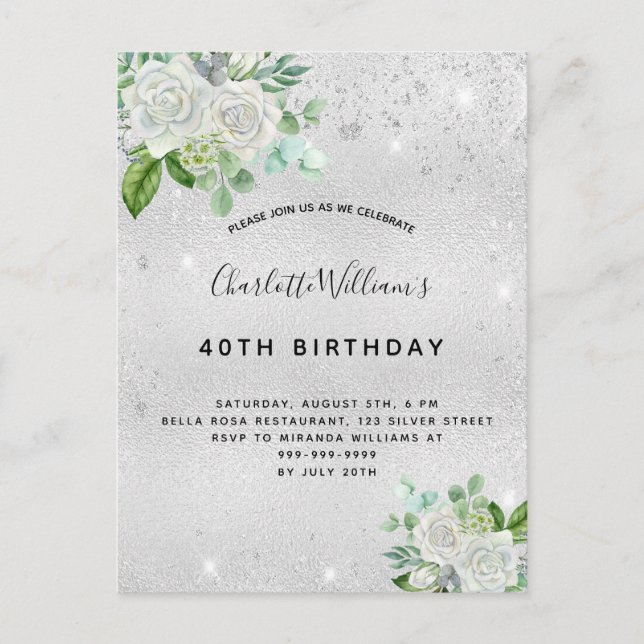 Birthday silver glitter dust metal floral greenery invitation postcard (Front)