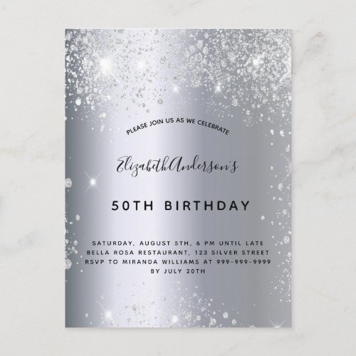 Birthday silver glitter dust metal  invitation postcard