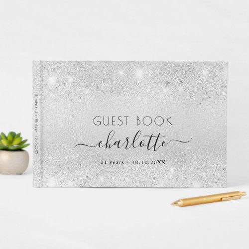 Birthday silver glitter dust metal monogram name guest book