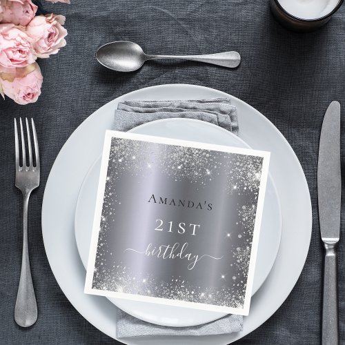 Birthday silver glitter dust monogram elegant napkins