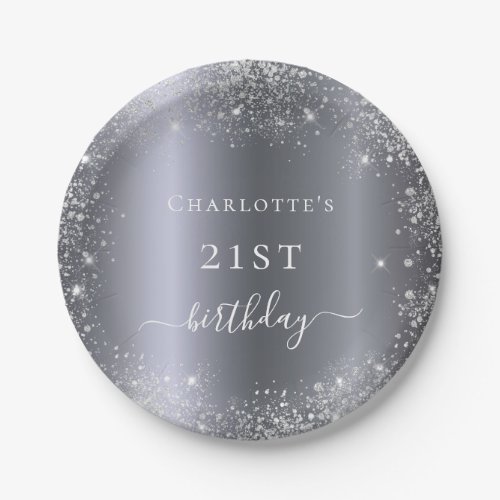 Birthday silver glitter dust monogram elegant paper plates