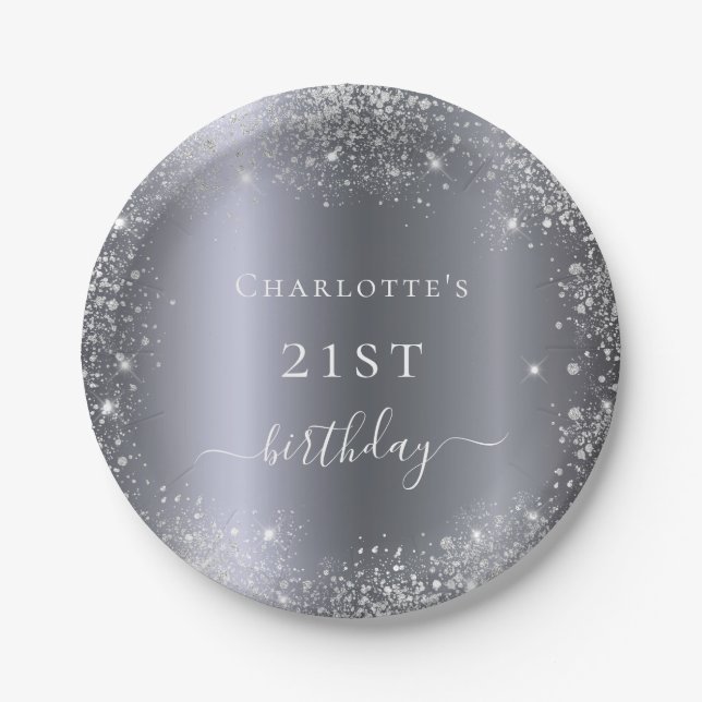 Birthday silver glitter dust monogram elegant paper plates (Front)