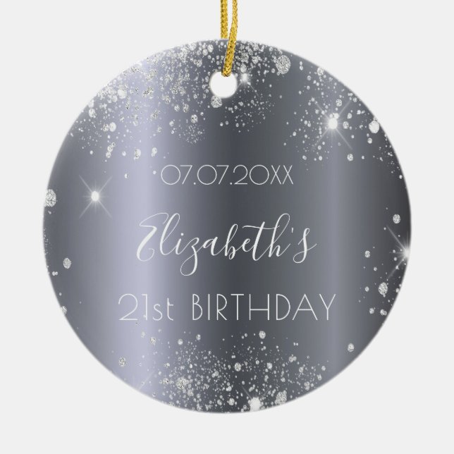 Birthday silver glitter dust name elegant ceramic ornament (Front)