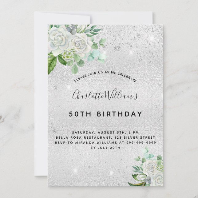 Birthday silver glitter floral greenery invitation (Front)