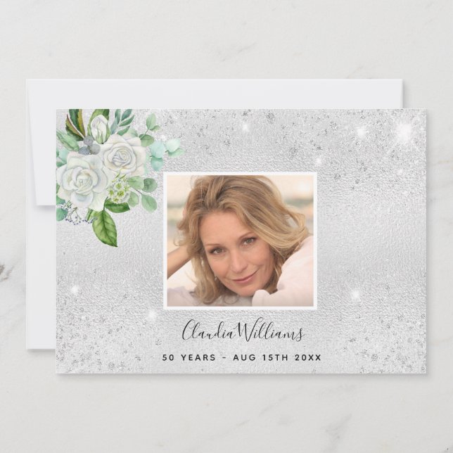 Birthday silver glitter floral photo thank you (Back)