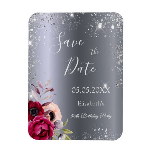 Birthday silver glitter floral Save the Date Magnet