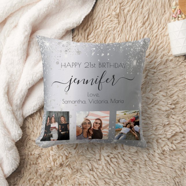 Birthday silver glitter friend photo names throw pillow (Blanket)
