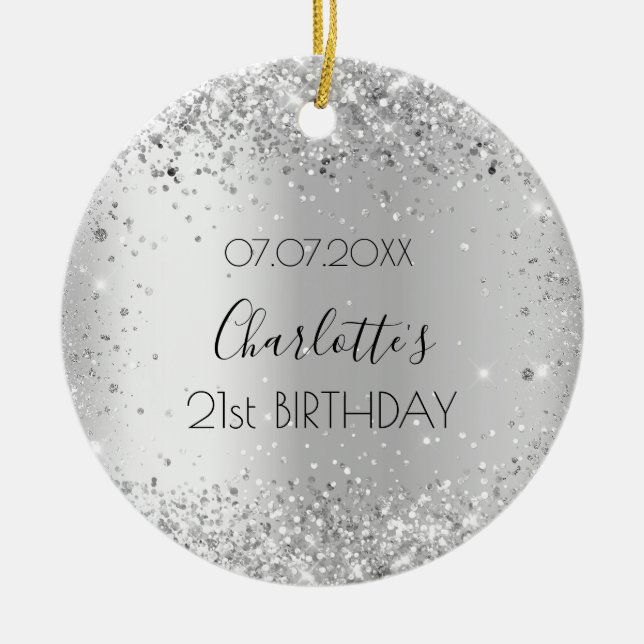 Birthday silver glitter friends names christmas ceramic ornament (Front)