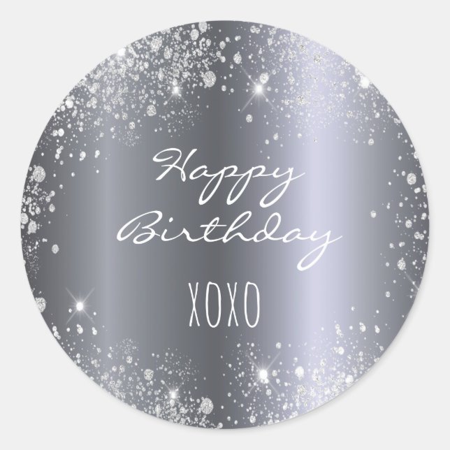 Birthday silver glitter hugs kisses classic round sticker (Front)