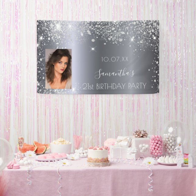 Birthday silver glitter monogram photo banner (Party)