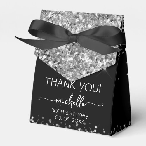 Birthday Silver Glitter Monogram Script Thank You  Favor Boxes
