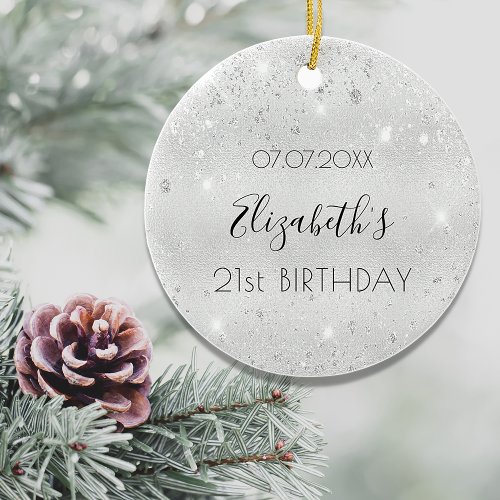 Birthday silver glitter name elegant ceramic ornament