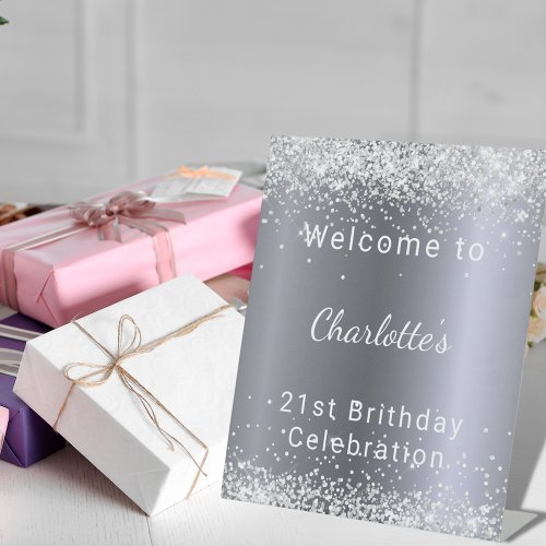 Birthday silver glitter name party welcome pedestal sign