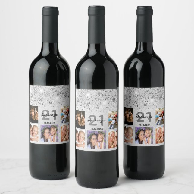 Birthday silver glitter name photo wine label (Bottles)