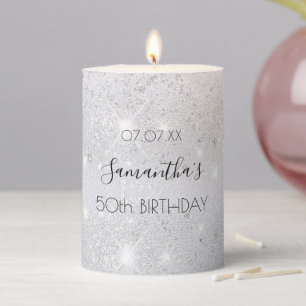 Birthday silver glitter name pillar candle