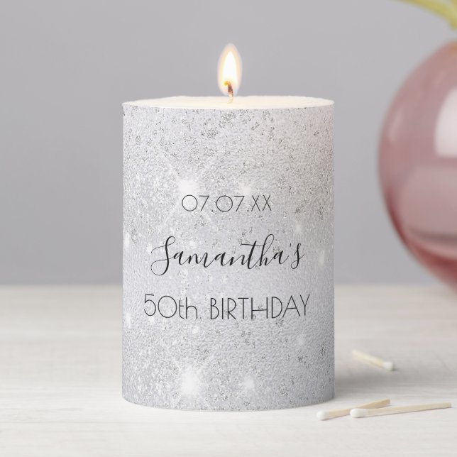 Birthday silver glitter name pillar candle (In Situ)