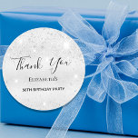 Birthday silver glitter name Thank You Classic Round Sticker<br><div class="desc">A sticker for a girly and glamorous 50th (or any age) birthday party.  A faux silver metallic looking background with an elegant faux glitter dust. The text: Thank You is written with a large modern hand lettered style script. Personalize and add a name and age 50.</div>