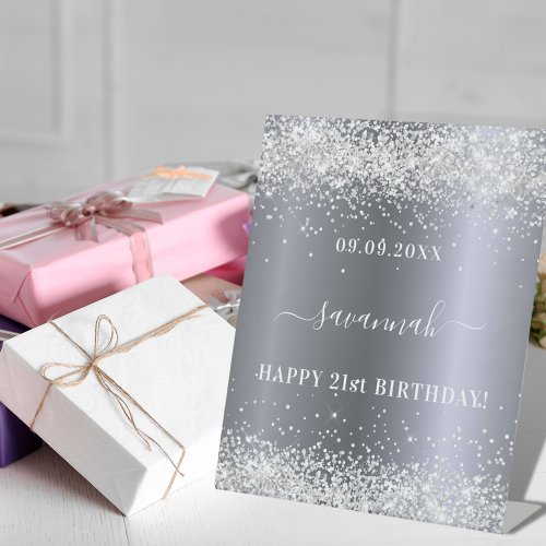 Birthday silver glitter name welcome pedestal sign