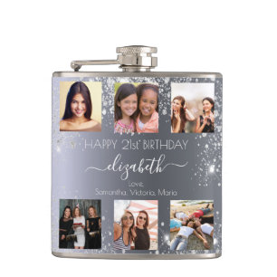 Birthday silver glitter photo collage friends name flask