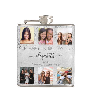 Birthday silver glitter photo collage friends name flask
