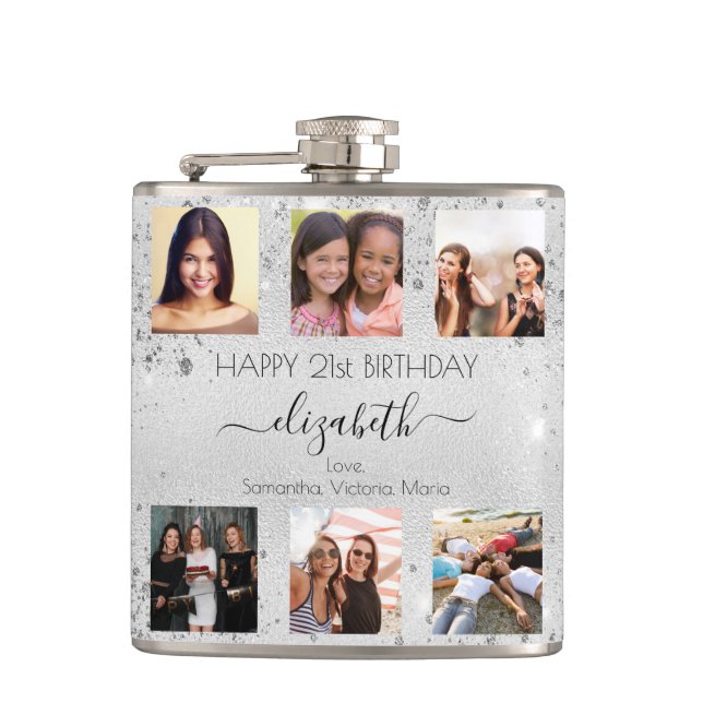 Birthday silver glitter photo collage friends name flask (Front)