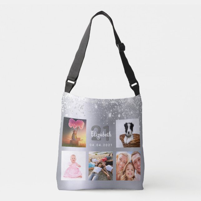Birthday silver glitter photo collage monogram crossbody bag (Front)