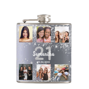 Birthday silver glitter photo collage name flask