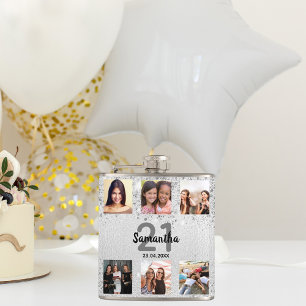 Birthday silver glitter photo name flask