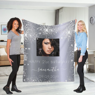 Birthday silver glitter photo name script fleece blanket