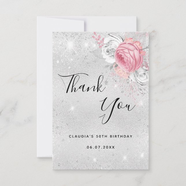 Birthday silver glitter pink florals thank you card (Front)