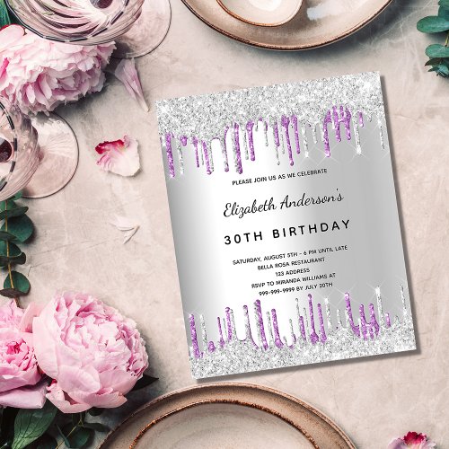 Birthday silver glitter purple budget invitation flyer