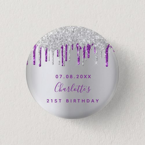 Birthday silver glitter purple custom monogram button