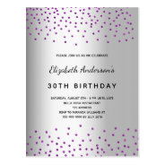 Birthday Silver Glitter Purple Invitation Postcard at Zazzle