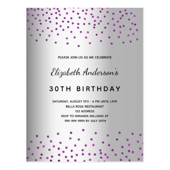 Birthday Silver Glitter Purple Invitation Postcard by Thunes at Zazzle