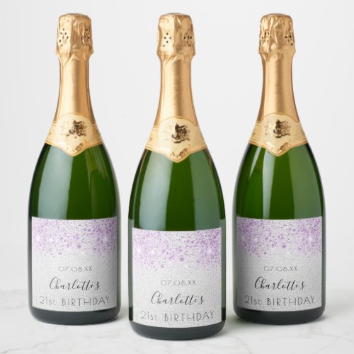 Birthday silver glitter purple metal monogram sparkling wine label