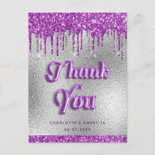 Birthday silver glitter purple modern thank you postcard