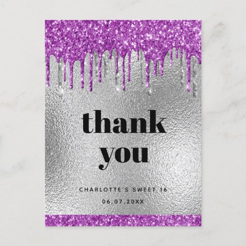 Birthday silver glitter purple modern thank you postcard