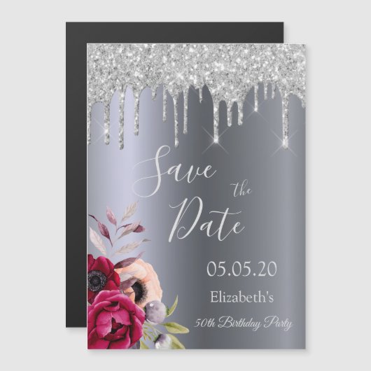 Birthday silver glitter Save the Date magnet (Front/Back)