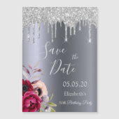 Birthday silver glitter Save the Date magnet (Front)