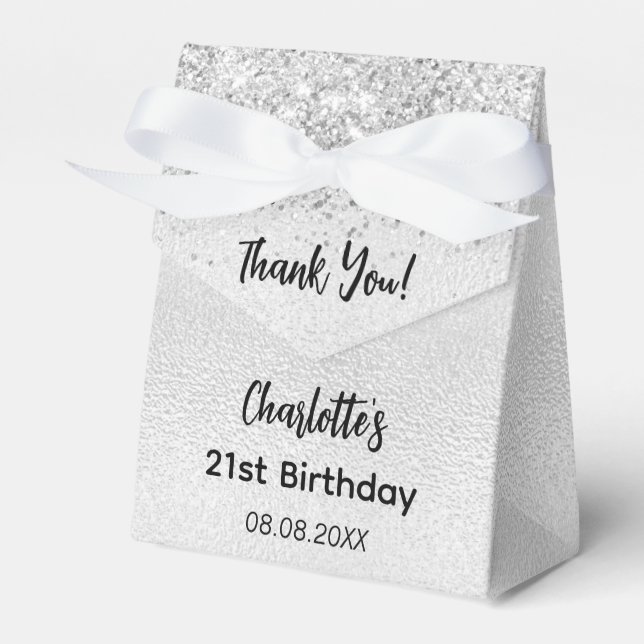 Birthday silver glitter script name thank you favor boxes (Front Side)
