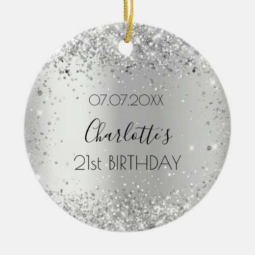 Birthday silver glitter sparkles name ceramic ornament