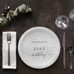 Birthday silver glitter sparkles name elegant paper plates