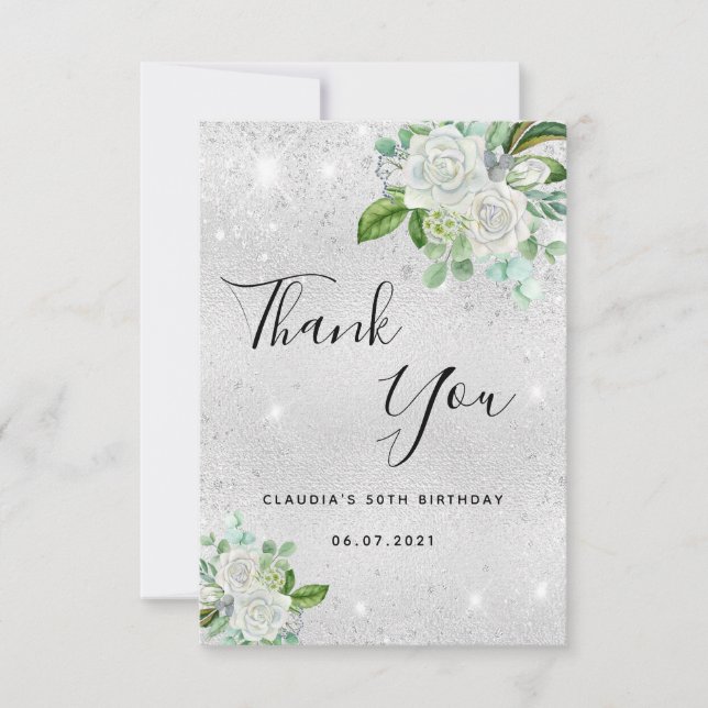 Birthday silver glitter white florals thank you card (Front)