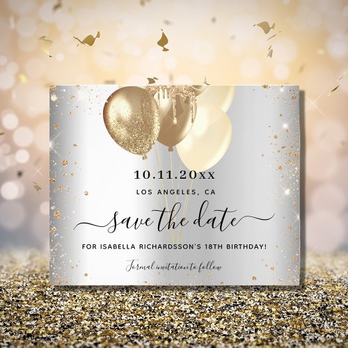 Birthday silver gold balloons budget save the date flyer