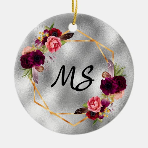 Birthday silver gold flowers monogram from friends ceramic ornament