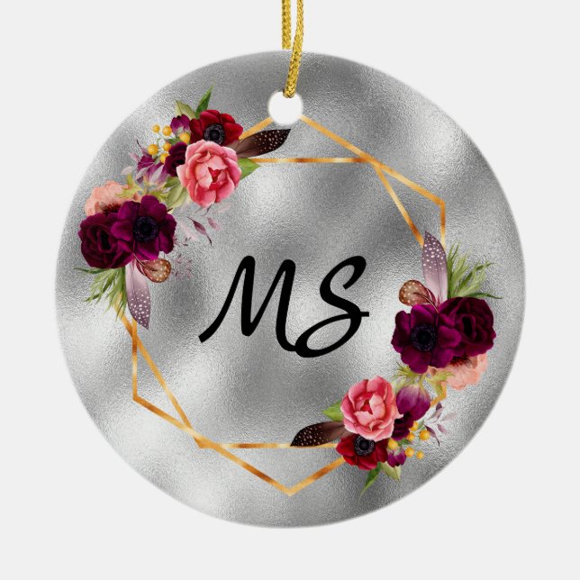 Birthday silver gold flowers monogram from friends ceramic ornament (Front)