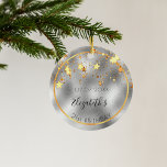 Birthday silver gold shiny stars friends ceramic ornament<br><div class="desc">A faux silver metallic looking background with golden stars dripping. A slim faux gold frame. On front: Personalize and add a date, a name and age. The name is written in black with a modern hand lettered style script. Back: the text "Happy Birthday" and your names. Perfect as 21st (or...</div>